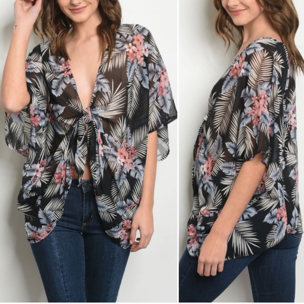 GIRLY & FLIRTY BLACK FLORAL TIE FRONT TOP